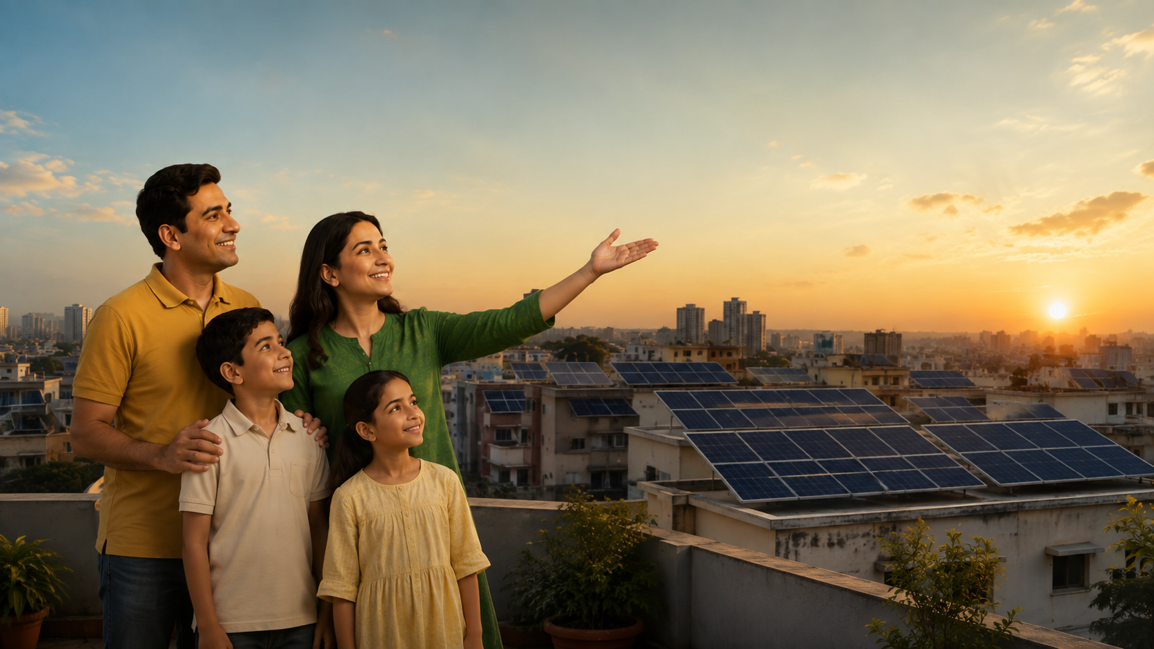REVO Solar customer family looking up at the sun with rooftop solar panels installed